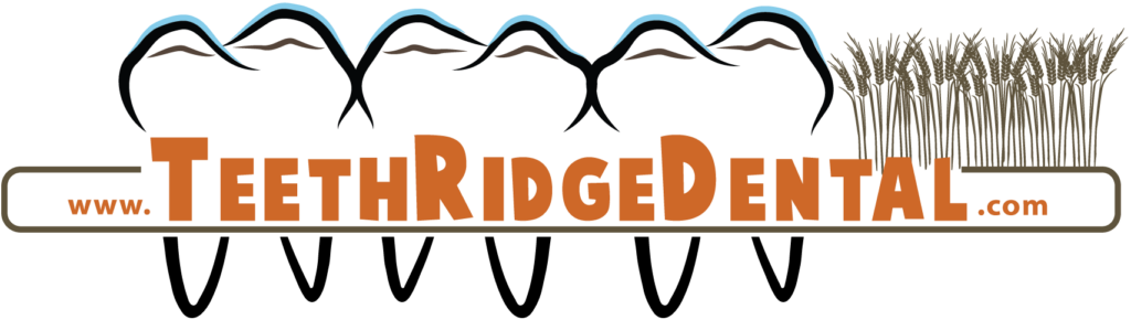 Teeth Ridge Dental logo with teal arches over orange TEETHRIDGEDENTAL and the URL www.TeethRidgeDental.com.